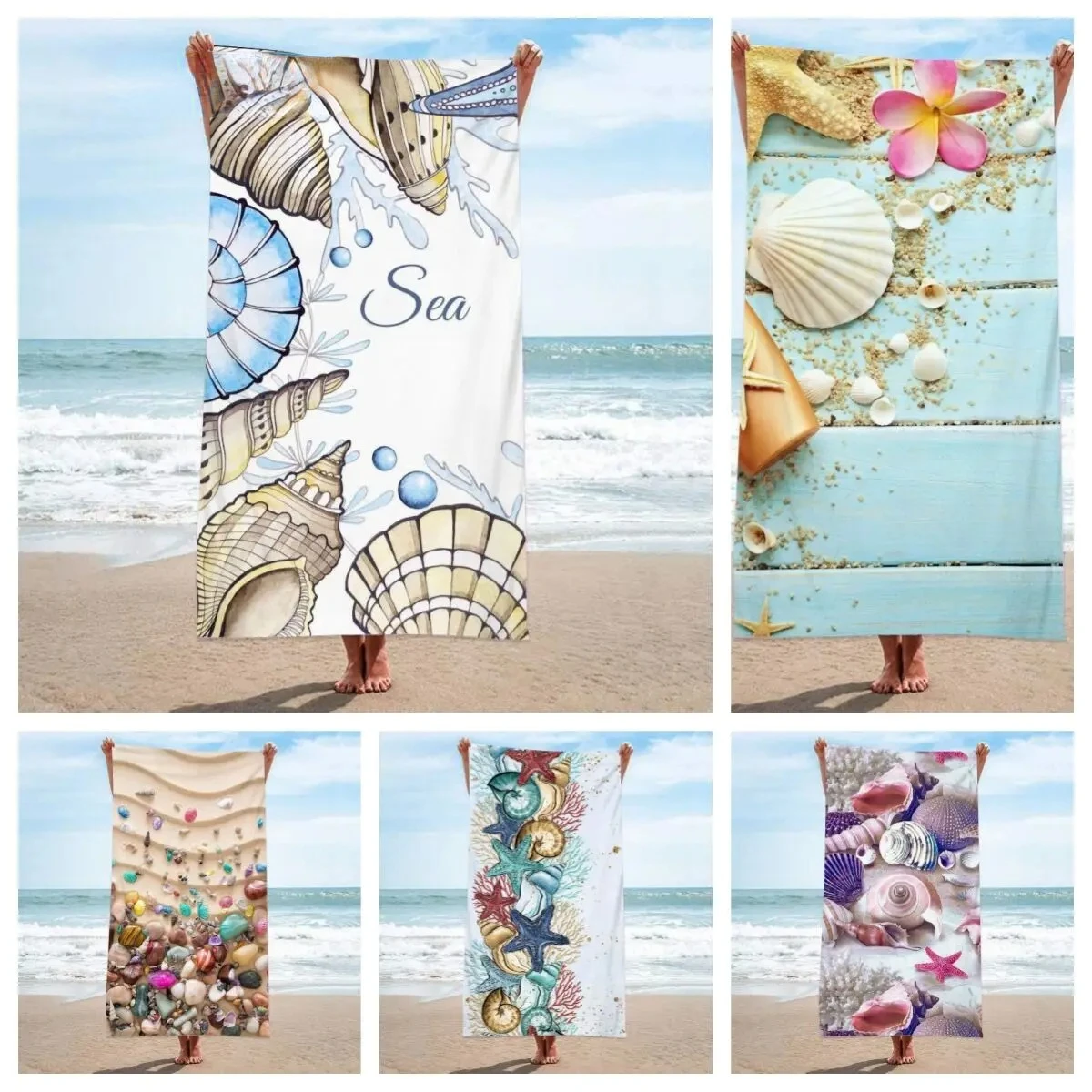 바다 및 쉘 프린트 3D 프린트 마이크로 화이버, 부드러운 물 흡수, 통기성, 여아 장식 만화 비치 타월