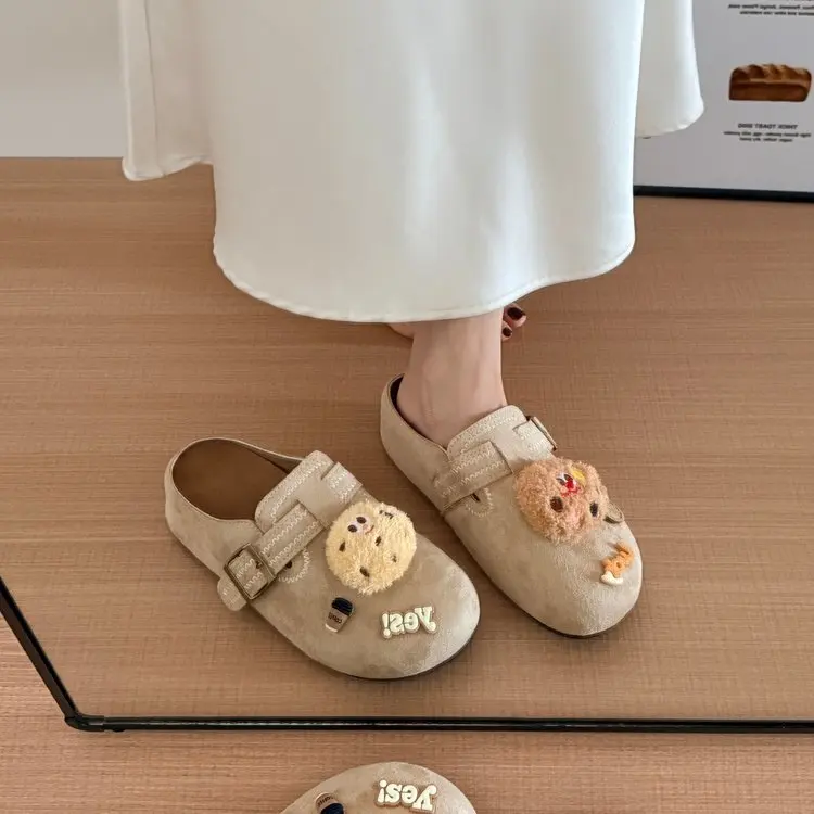 Suede Women Backless Mules Flat Boston Clogs Adjustable Buckle Cute Plush Cookie Decor Slip On Shoes