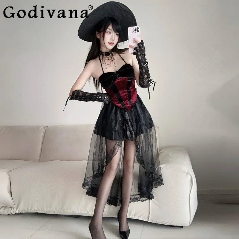 

Halloween Cosplay Sexy Long Dress Female Role Play Pure Desire Style Nightclub Dress Women Slim Fit Long Dress with Hat Glove