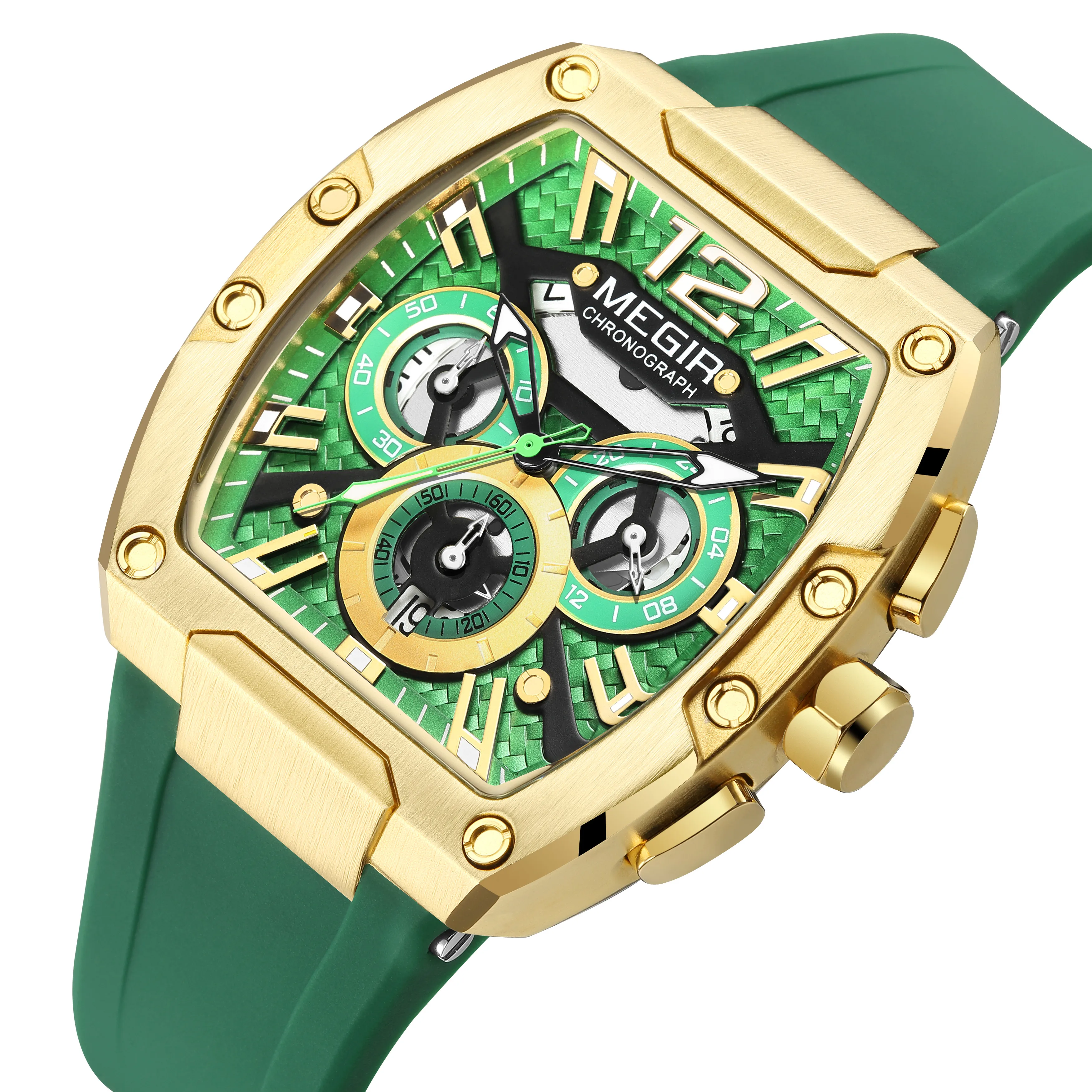 2026 MEGIR New Men's Watch Multi Functional Quartz Rectangular Golden Sports Clock Casual Fashion Silicone Strap Men Watch+Box