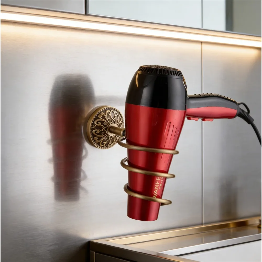 

Настенная стойка для фена, вешалка для ванной комнаты. Антикварная латунь с резным цветочным узором, античная латунь с резным цветочным узором.