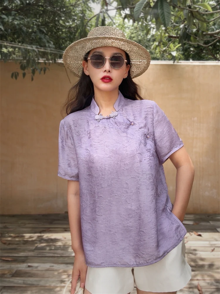 

New Chinese Sle Silk Blouse Women's Stand Collar Button ort Sve Comfortable Versatile Summer irt Plant Dyeing E50787