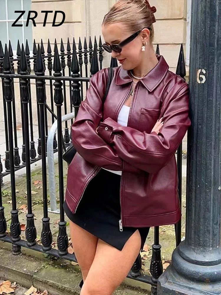 Eleganckie damskie krótkie kurtki skórzane luźne klapy zamek błyskawiczny z długim rękawem płaszcze damskie 2024 jesień Lady Casual Urban Street