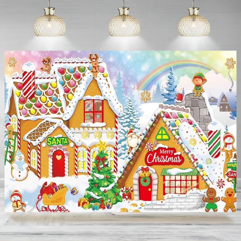 Telón de fondo de Casa de pan de jengibre para pared de Navidad, decoración de pancarta de Navidad, Candyland, Fondo de Fotografía de Invierno para niños, decoración de fotos de Navidad