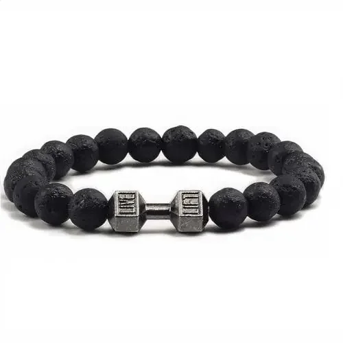 Lava Beads Dumbbell Weight Lava Rock Bracelet Natural Stone Stretch Bead Alloy Dumbbell Bracelet Men Women Birthday Gifts