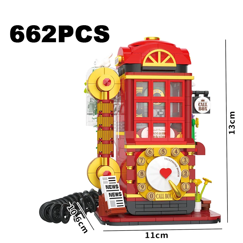 Kreatywny model budynku budki telefonicznej, klocki konstrukcyjne, gra, widok ulicy, model architektoniczny, zabawka do składania, prezent dla dziecka, dziewczynki, dorosłego.