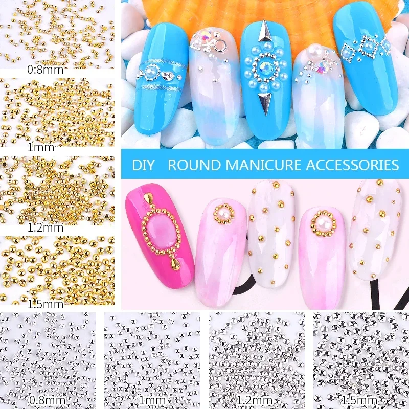 

About 1000 Pieces Metal Beads Mini Caviar 0.8mm/1mm/1.2mm/1.5mm Half Round Metal Nail Studs for Nail Art Decorations