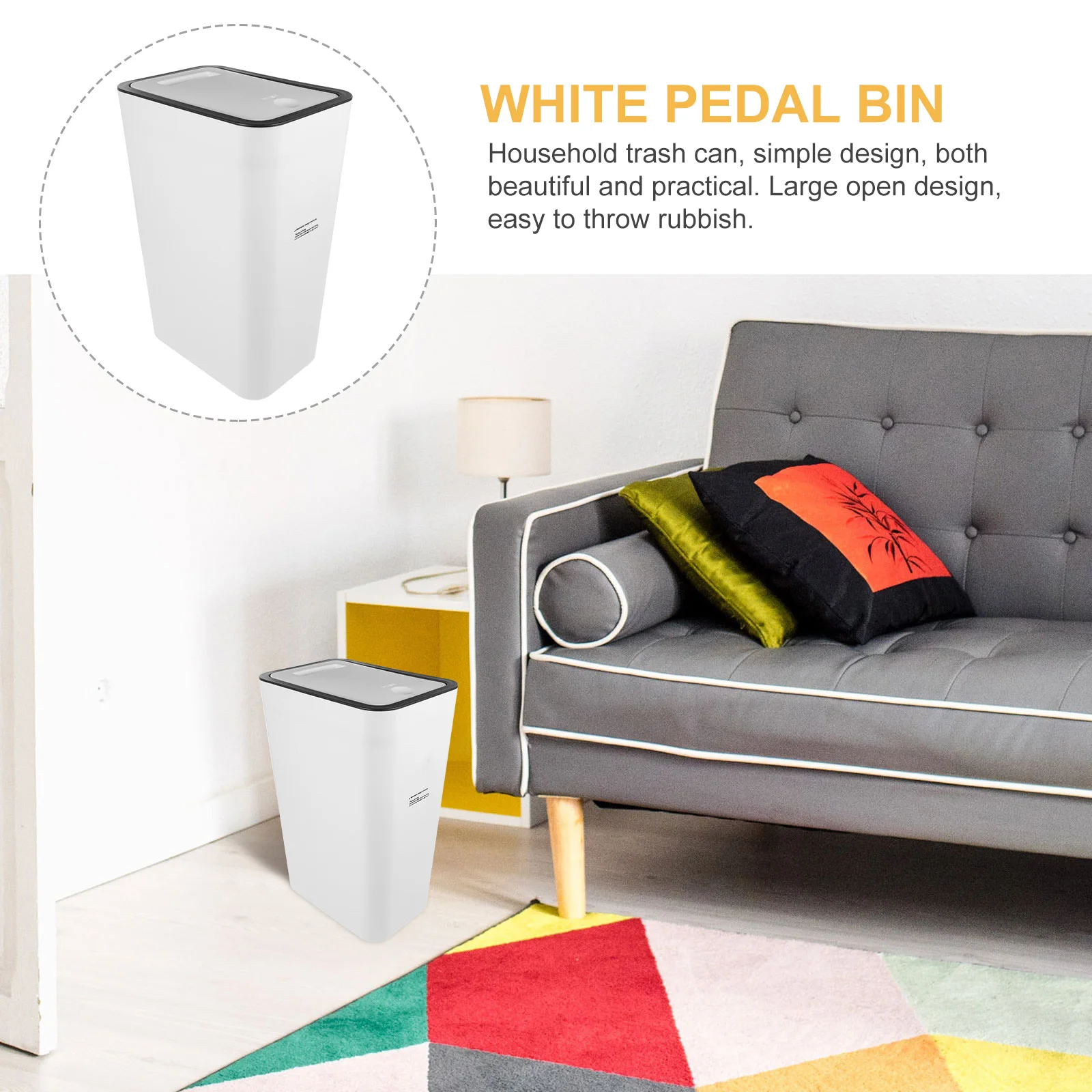 1 قطعة صندوق الدواسة الأبيض سلة المهملات البلاستيكية النحيفة مع غطاء تصميم كبير مفتوح لمكتب المطبخ الحمام غرفة نوم سلة المهملات المنزلية