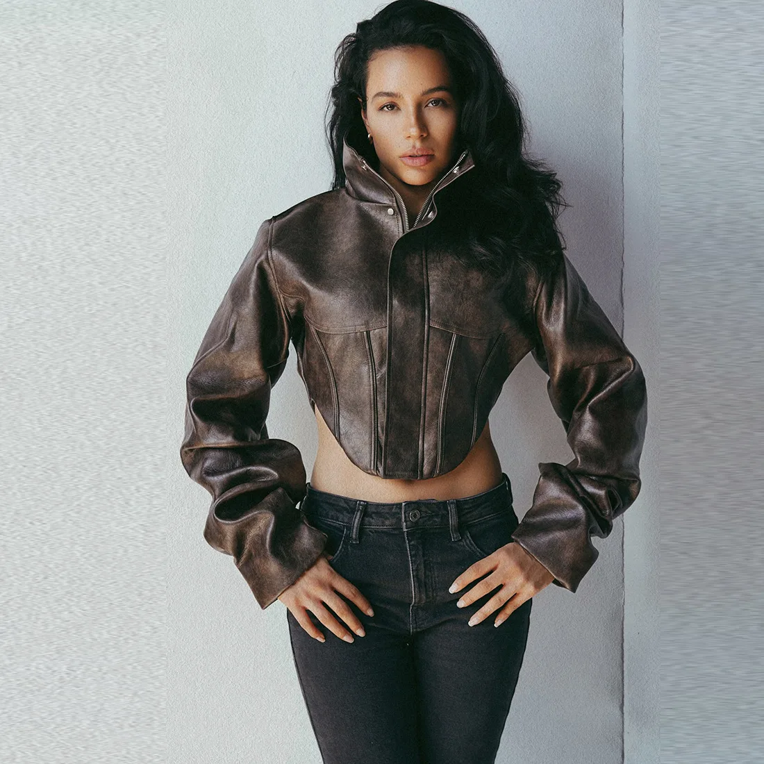 

Slim Asymmetrical PU Leather Jackets Women Fashion Stand Collar Long Sleeve Zip-up Single Breasted Slim Short Coat Crop Tops