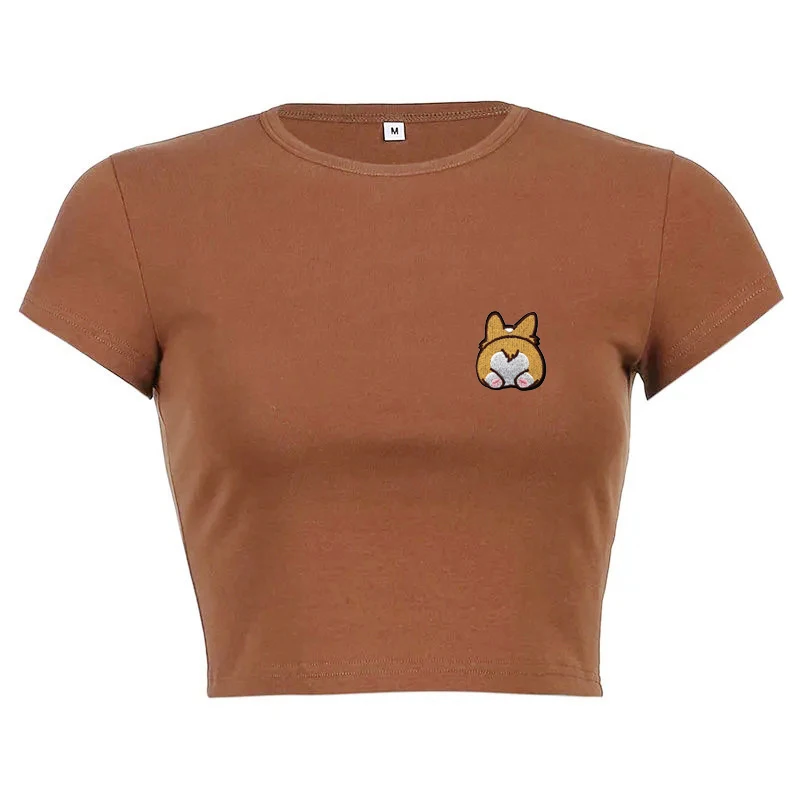 Camiseta bordada de cachorro Y2k para mujer, camisetas ajustadas con gráficos, moda coreana, Harajuku Street, camisetas cortas hermosas de manga corta en verano