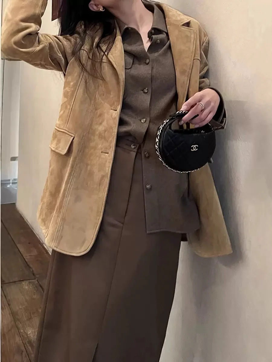 Retro-Anzugmantel aus Nubuk-Wildleder für Damen, 2025, Herbst-Winter, echte Kuh-Wildlederjacke, Vintage-Kaffee, übergroße Jacke, Oberbekleidung