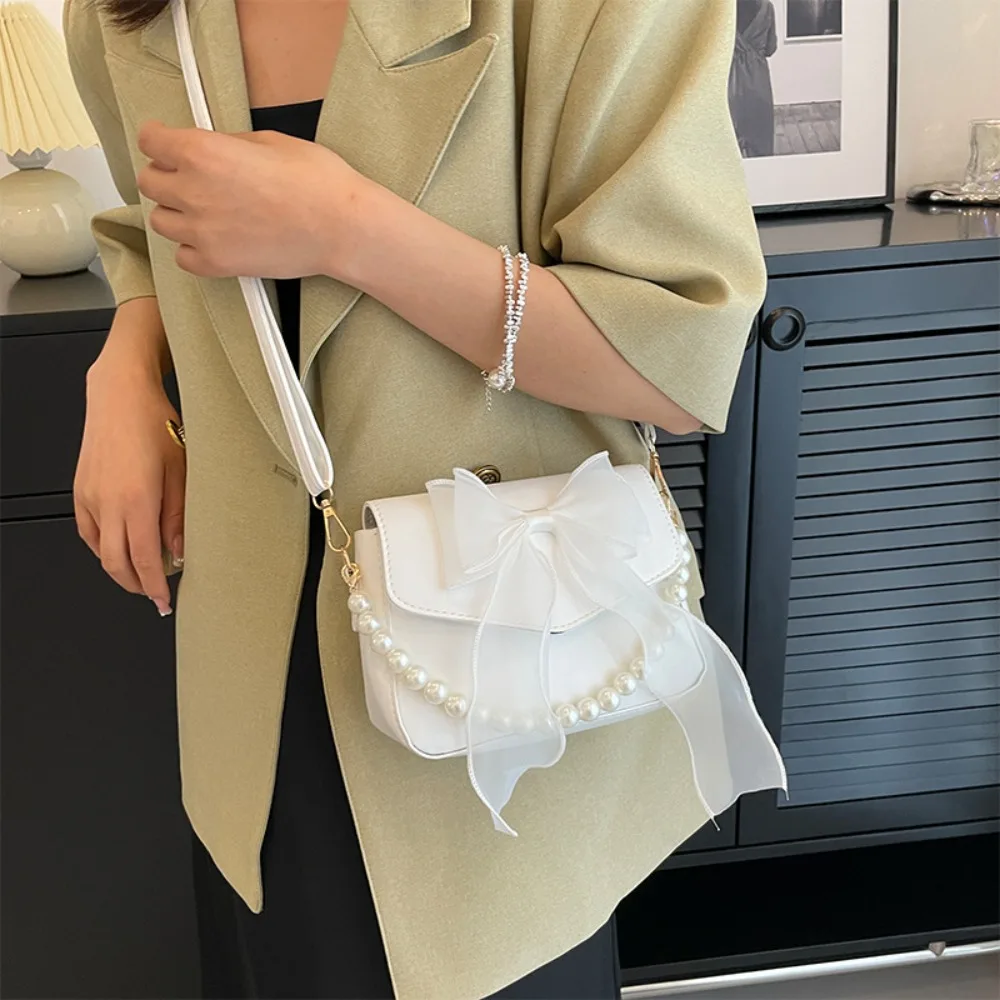 PU Pearl Chain Bag Beautiful Solid Color Bow Knot Bow Hand Carry Bag Tote Bag