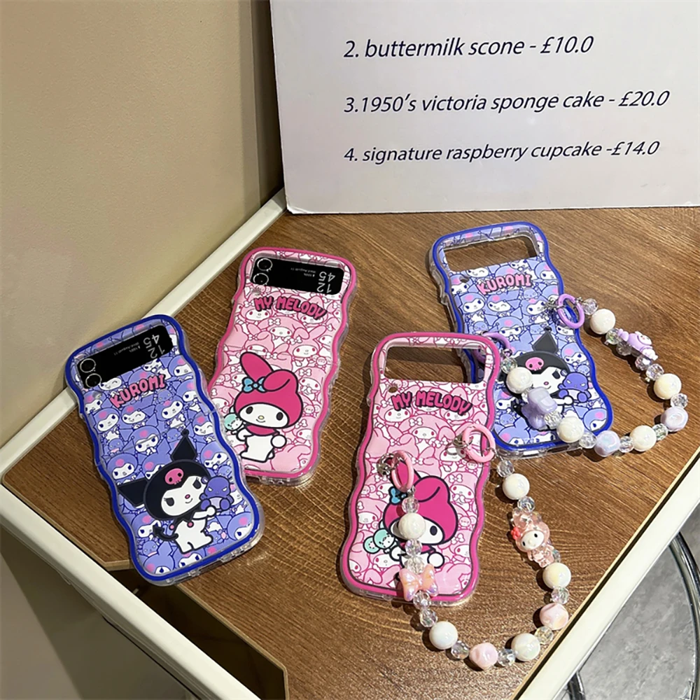 

Kawaii My Melody Kuromi with Lanyard Phone Case for Samsung Galaxy Z Flip 3 4 Z Flip 5 6 5G PC Hard Anti-drop Wave Cover Funda