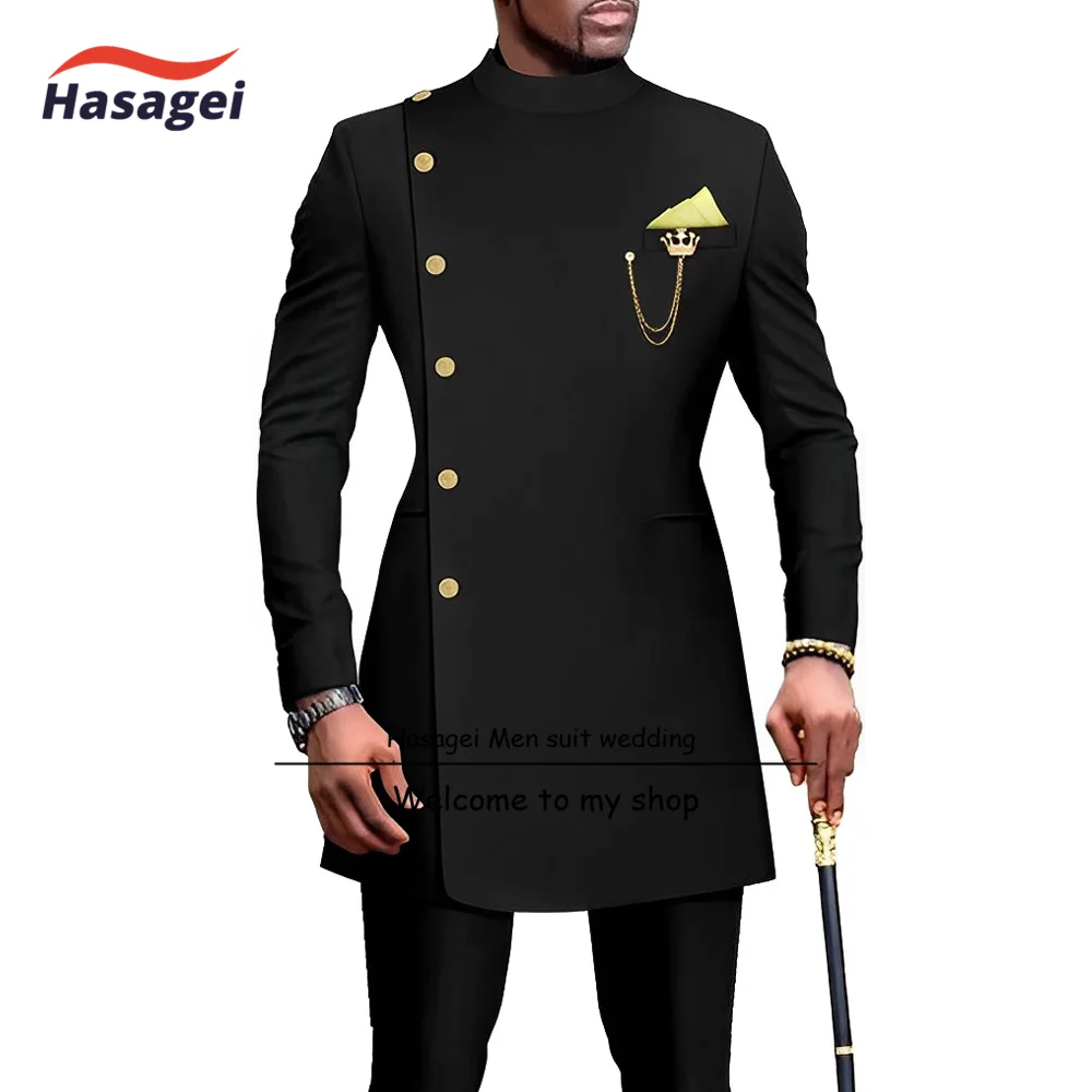 African Style Men\'s Suit 2 Piece Wedding Tuxedo Single Breasted Long Jacket Pants Formal Groom Outfit