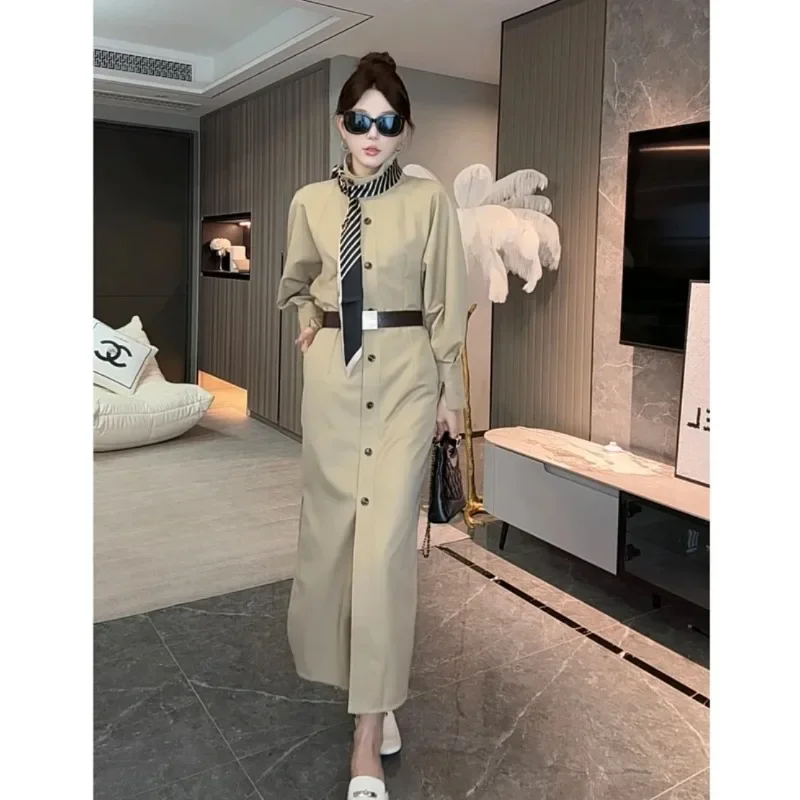 MiiiiX Office Lady Windbreaker Shirt Dress Women's Trench 2024 New Autumn Loose Stand Collar Long Dress with Belt Female Clothes