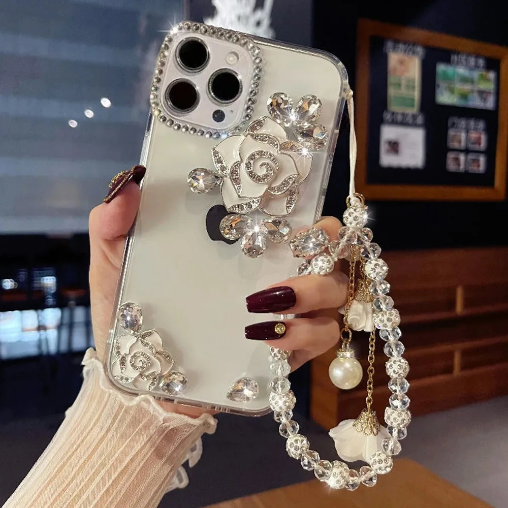 

Glitter Diamond Camellia Flower Strap Phone Case, Bling Cover, Luxury Rotector Covers, For iphone 15, 14, 13, 12, Pro Max Plus