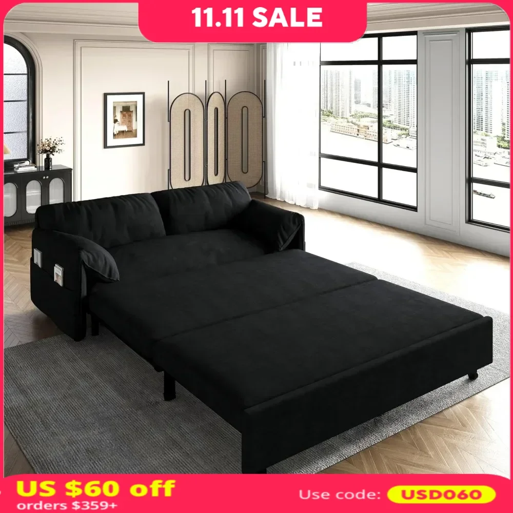 

63.8" Queen Pull Out Sofa Bed, 3 in 1 Convertible Sleeper Sofa with Side Storage, Velvet Loveseat Recliner，Sofa Bed