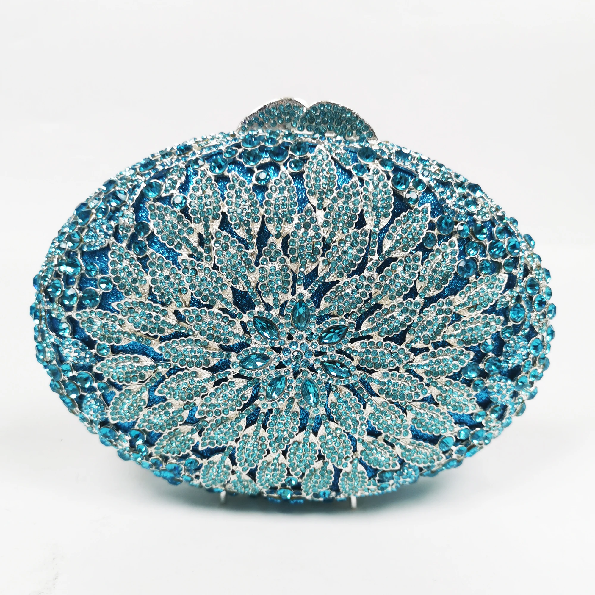 WHTUOHENG Blue Crystal Flower Clutch Handbag for Women Rhinestone Embellished Diamond Oval Shape Evening Bag Wedding Party Purse