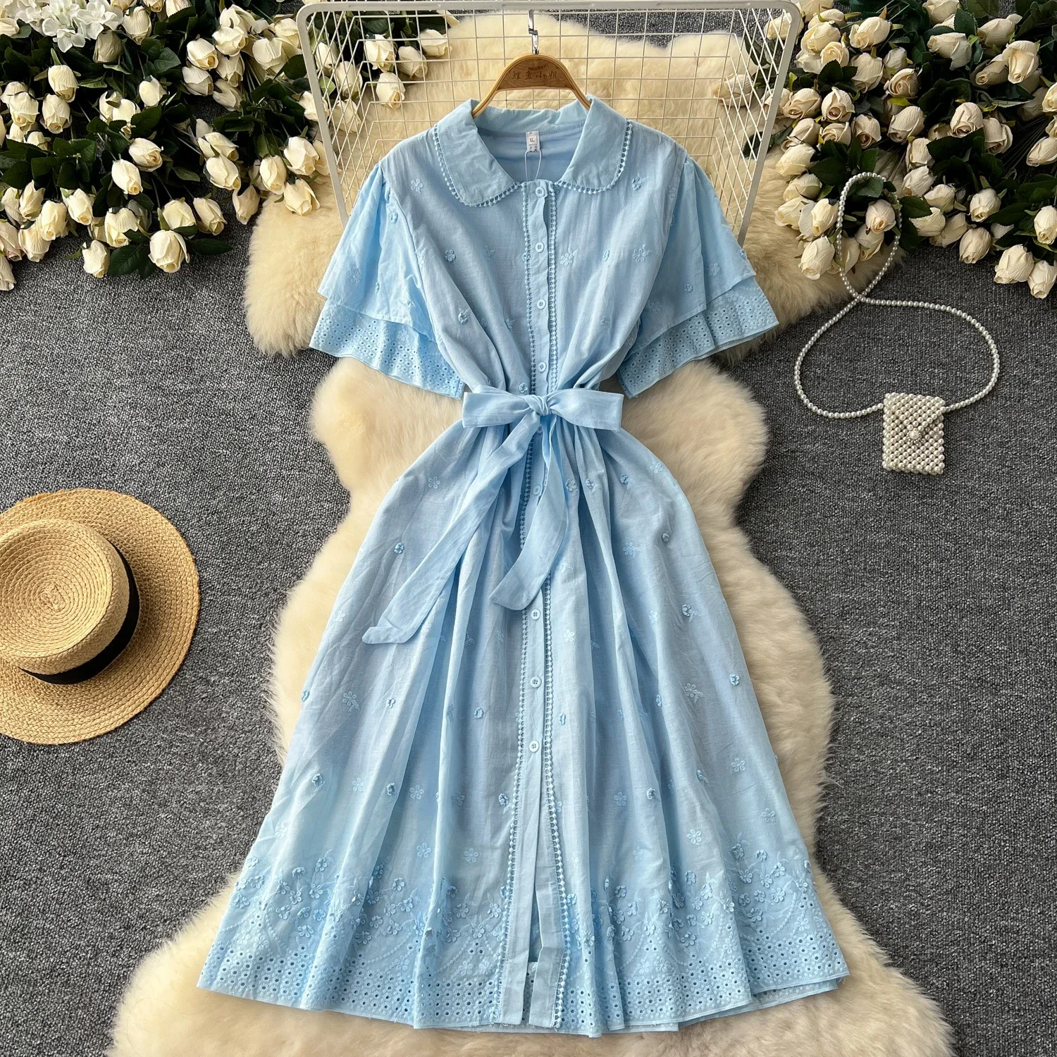 Sexy Chic polo-cuello recortado manga corta volante vestido de una sola botonadura elegante moda coreana vestidos bordados de verano delgados