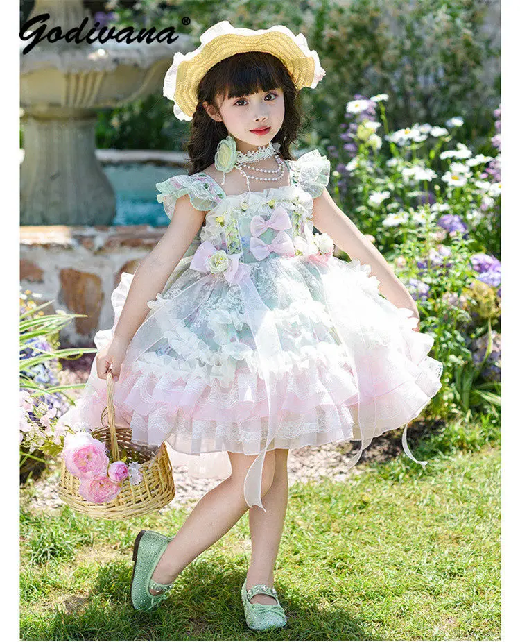 

Sweet Baby Girls Lolita Princess Dress New Summer Fashion Childrens Heavy Luxury Lace Floral Ruffle Bow Train Cake Tutu Dress