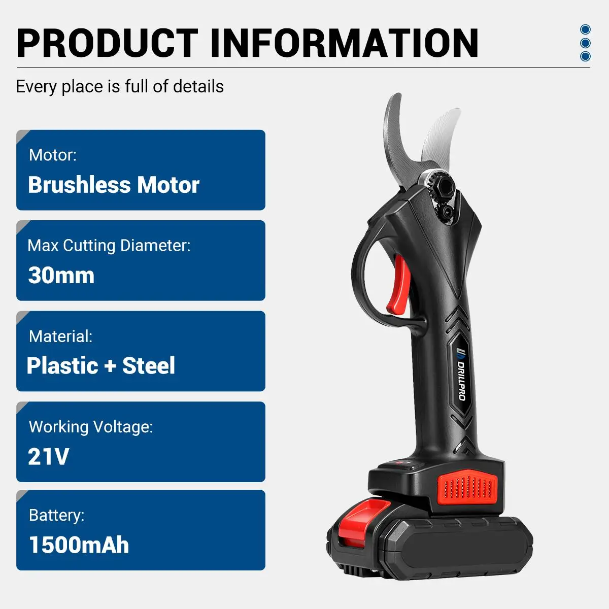 Imagem -02 - Drillpro-brushless Electric Pruner Tesoura Elétrica Pruner sem Fio Bateria Recarregável Tesoura de Poda 21v 30 mm