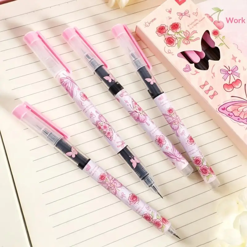 ~4Pcs/Box Cute Butterfly Rose Printed Gel Pens Smooth Quick Drying Ink For School Note Taking Office Daily Use