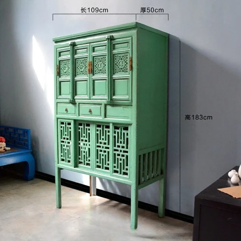 Nordic Antique Style Solid Wood Painted Lacquer Hollow Carved Storage Clothes Closet