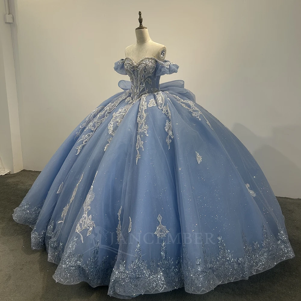 恋人カスタマイズされた光沢のあるブルーのキンセアニェーラドレスボールガウンスパンコールレースプリーツ半袖スイート16 Vestido De 15 Anos