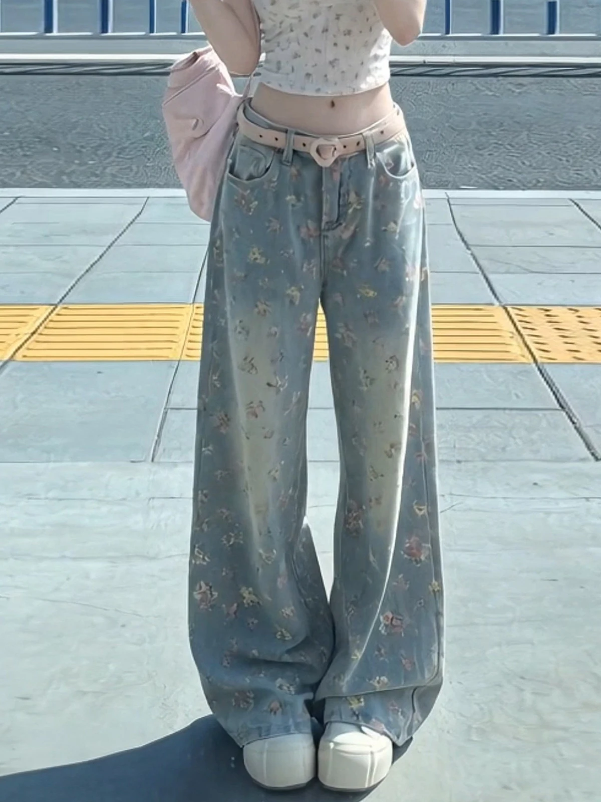 

American Floral High Waist Wide Leg Denim Jeans Women's Spring Vintage Loose Meat Covering Straight Tube Floor-Length Pants