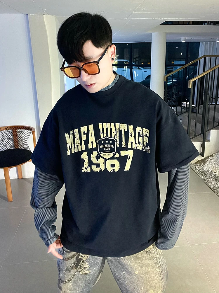 

Ретро-американская футболка с длинным рукавом, мужская, свободного кроя, повседневная, с буквенным принтом, хлопковая, молодежная, модная, весенне-осенняя, топ