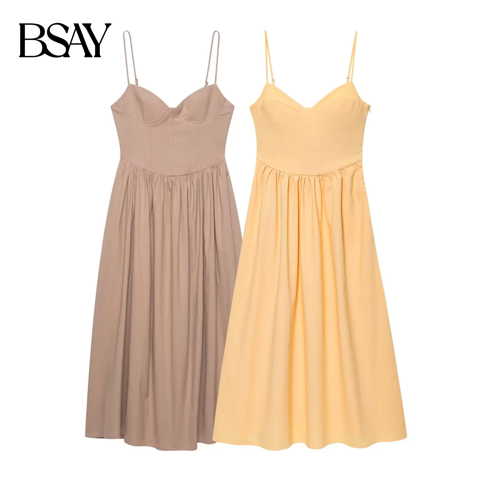 BSAY Kleid für Damen, mittellang, 2025, Sommer, neue Weste, sexy V-Ausschnitt, einfarbig, lässig, schick, französischer eleganter Abend