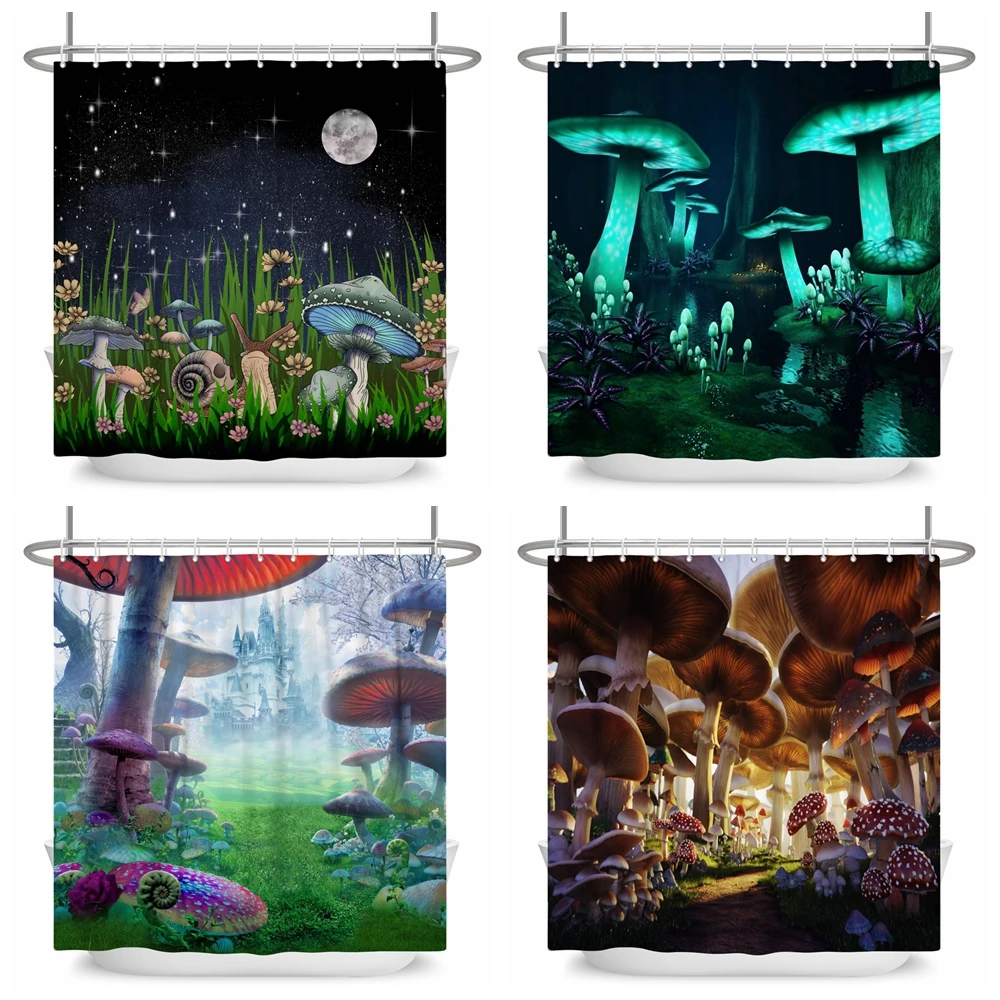 

Mushroom Shower Curtains Mystic Forest Moon Butterfly Flower Trippy Bathroom Polyester Fabric Waterproof with Hooks