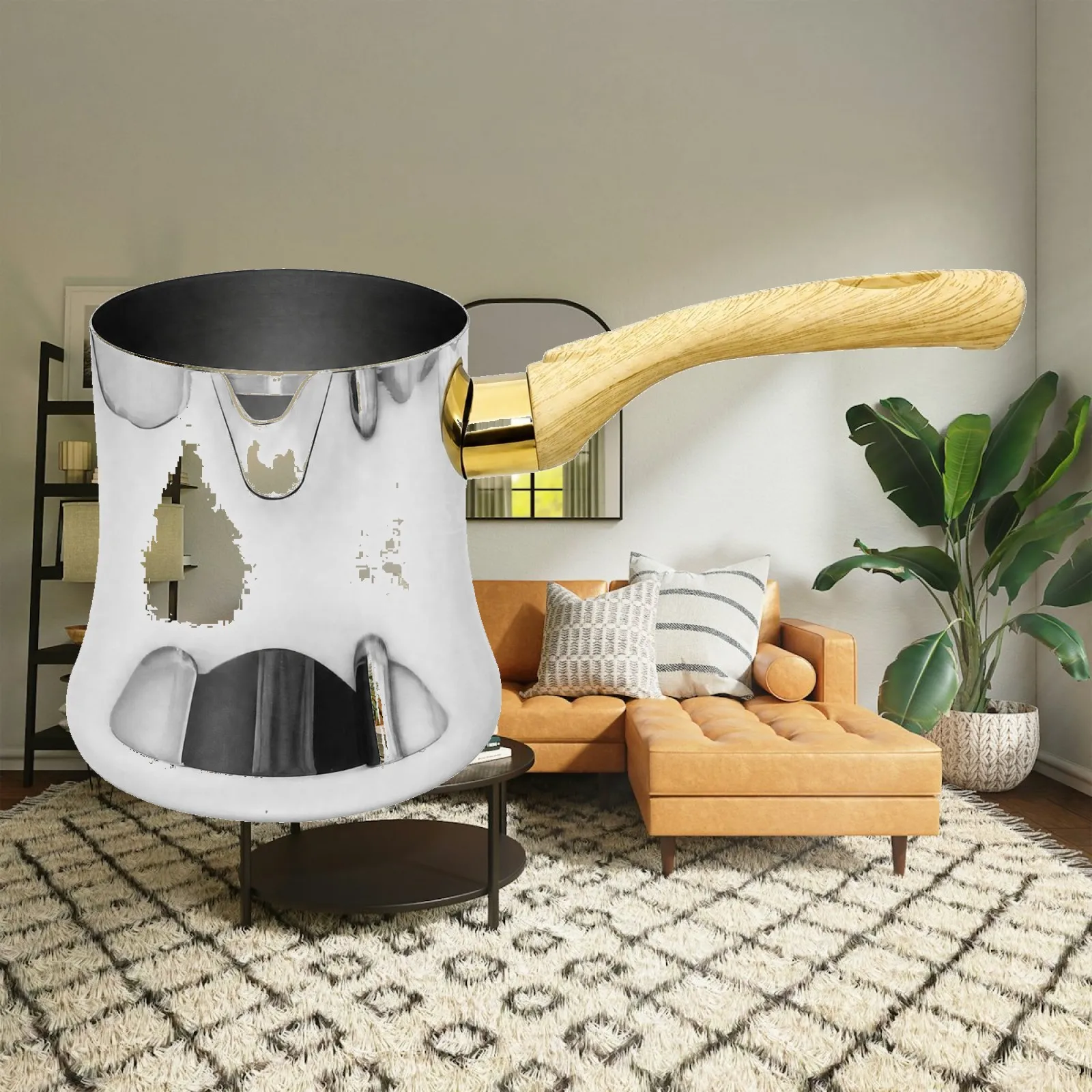 Stainless Steel Coffee and Milk Pitcher Polished Reflective Pitcher with Wood-Grain Handle Flared Body Steaming Jug for Everyday