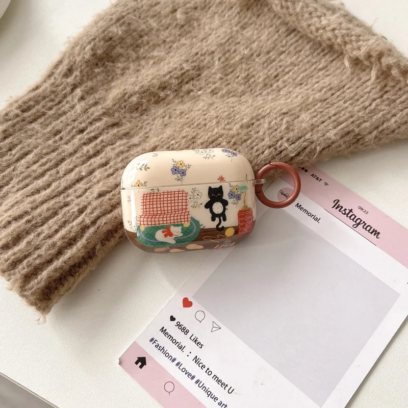 حافظة غطاء سماعة أذن بنمط قطة سوداء مع خطاف لسلسلة Airpods، 1، 2، 3، 4، Pro، Pro2، مضاد للسقوط