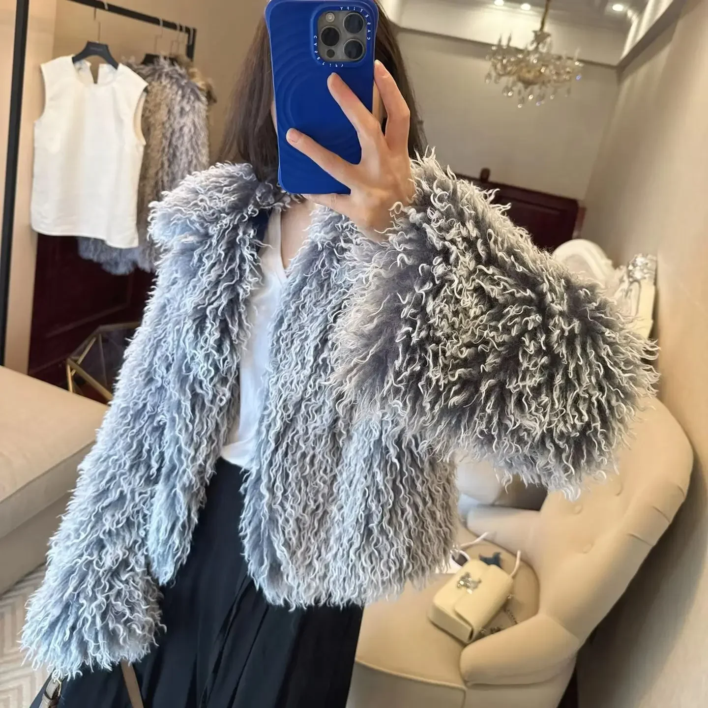 Winter Women Blue Gray Gradual Hairy Curly Faux Sheep Fur Coat Lapel Collar Loose Short Warm Shaggy Jacket Vintage Outerwear