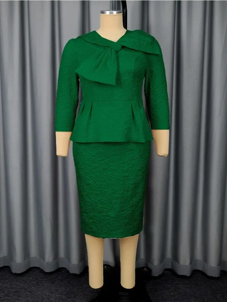 Women's Elegant Jacquard Dress V-Neck 3/4 Sleeve Peplum Belly Cover Bow Hip Slit Classy Evening Party Wedding Guest Gown