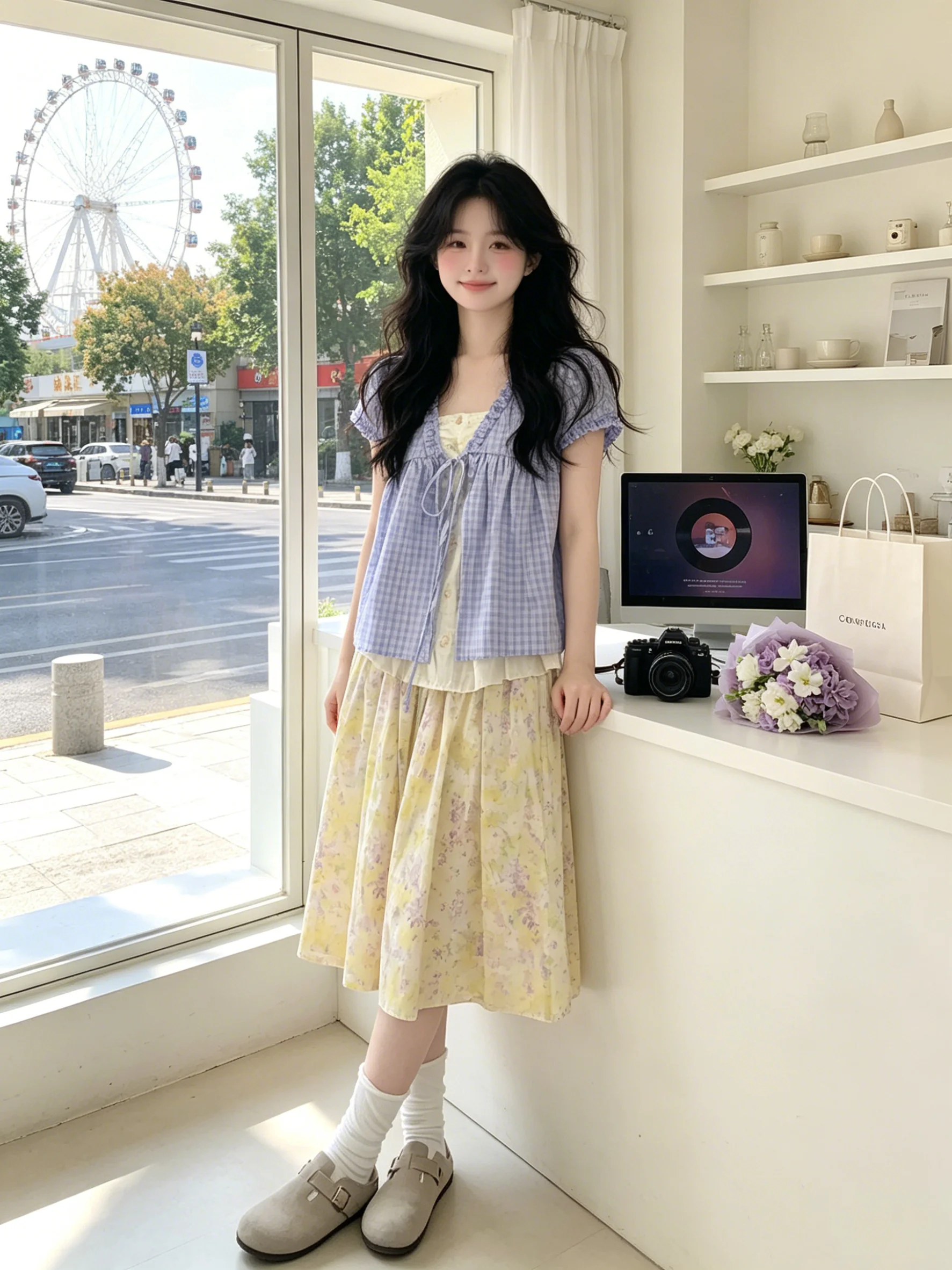 

Unique Beautiful Summer Women's Korean Style Shirt And Skirt Set Plaid Lace Splicing Floral Half-length Skirt Breathable Ligh...