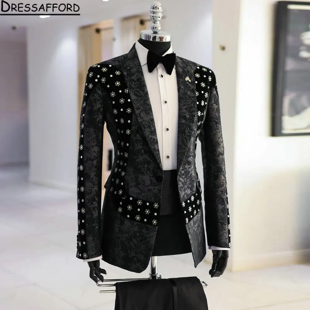 Trajes de tejido Jacquard negro para hombres, esmoquin de boda de cristal para novio, conjuntos de 2 piezas, Blazers de graduación de cena, Terno Masculino Completo