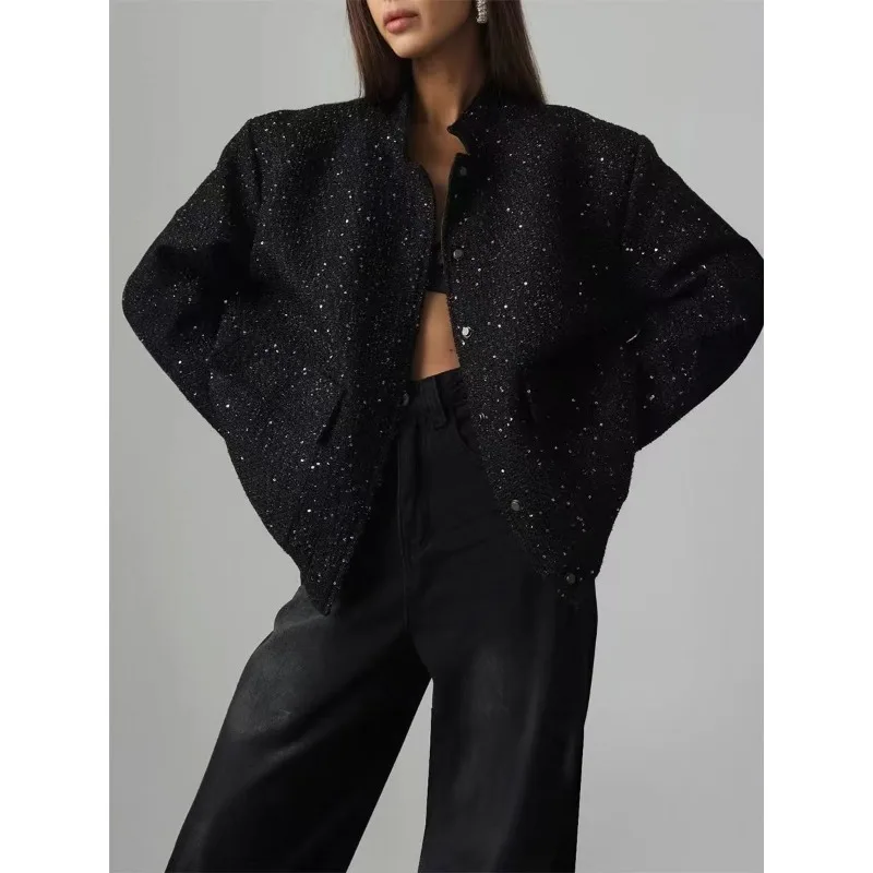 American Spring and Autumn New Women's Stand-up Collar Loose Short Bomber Jacket Small Fragrant Wind Bead Decorative Jacket 2026