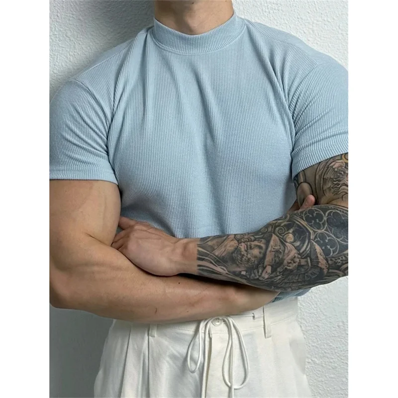 Primavera verão elástico camiseta masculina pequena gola alta listra camisa de manga curta fitness topo lazer esporte camiseta masculina esportiva