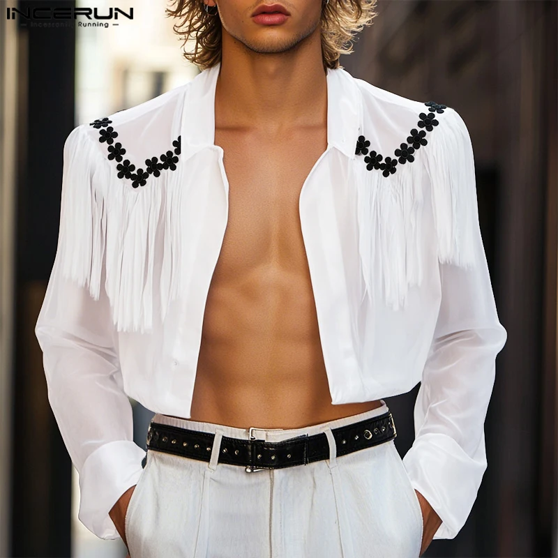 

INCERUN Мужская рубашка с цветочной вышивкой и кисточками в стиле пэчворк, прозрачный мужской кардиган с открытой строчкой и длинными рукавами, уличная верхняя одежда для мужчин