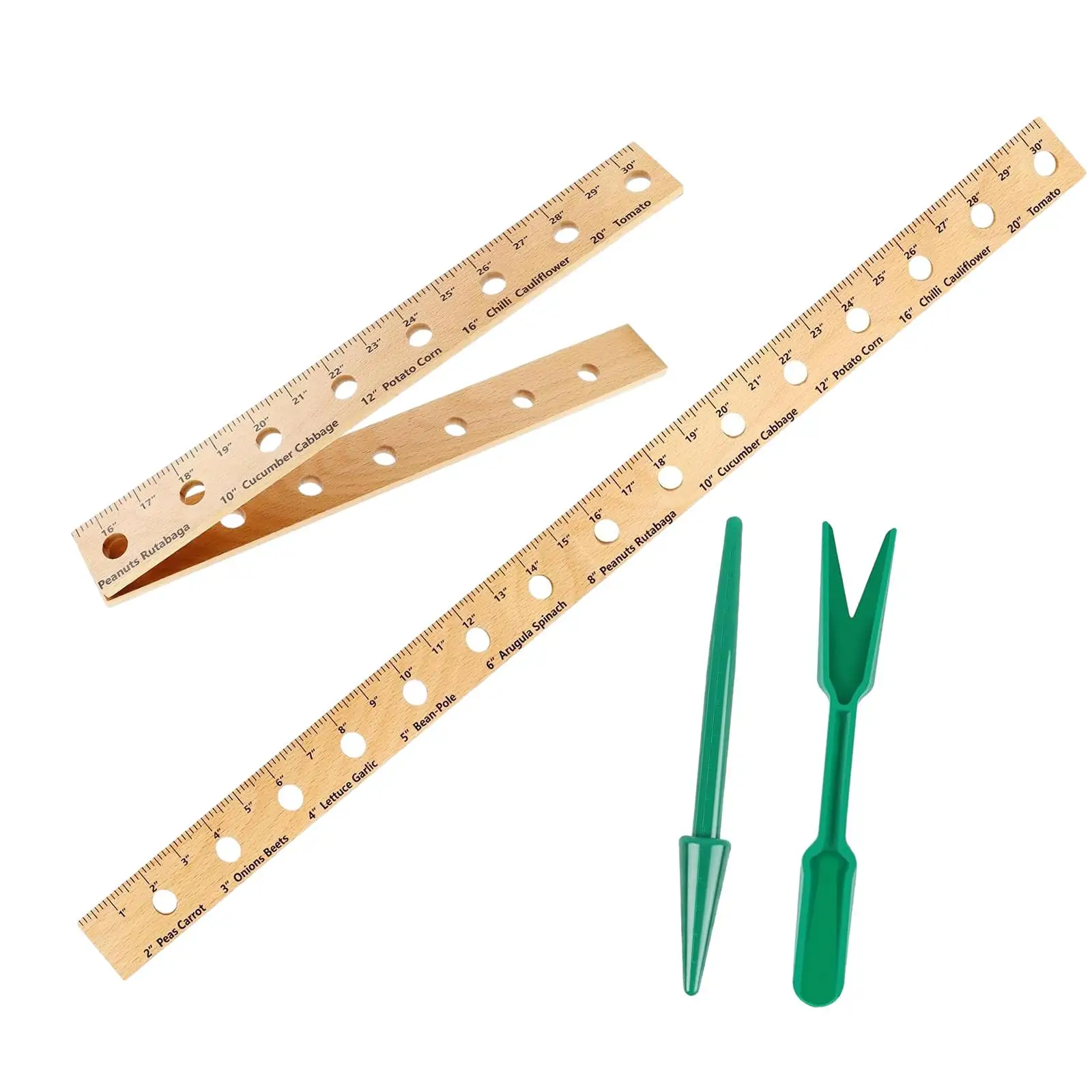 Wooden Planting Ruler with Holes Foldable with Transplanting Tongs Planter Portable Garden Ruler for Outdoor Vegetable Orchards