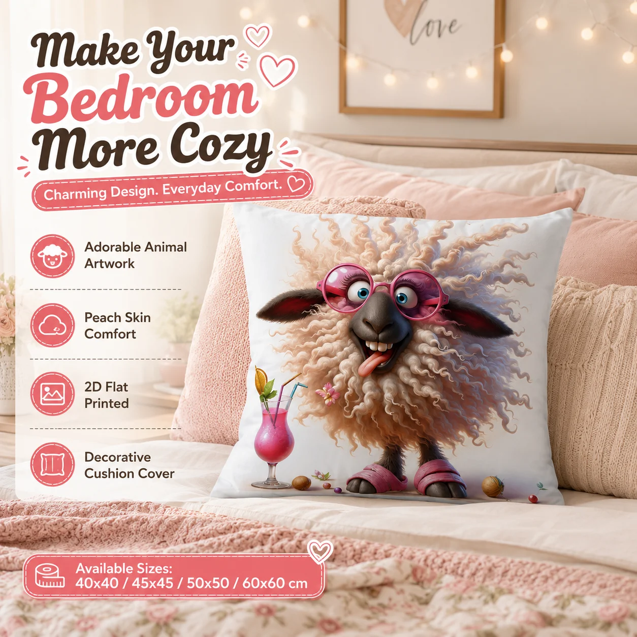 

Funny Sheep Pink Sunglasses Peach Skin Pillowcase 2D Flat Printed Cartoon Animal Cushion Cover for Bedroom Cozy Home Decor