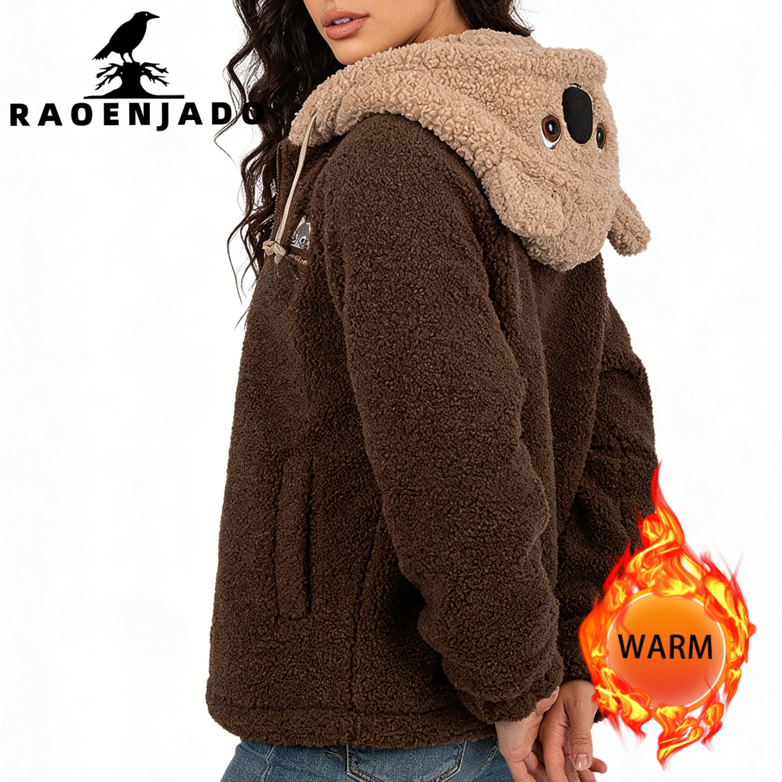 Women's Plus Size Fleece Jacket Thick Warm Zip UP Winter Coat Casual Hooded Outerwear with Bear-Ear Design and Cute Embroidery