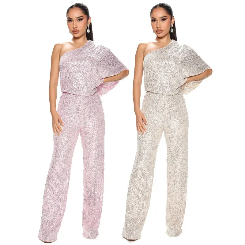 

European American Women's Jumpsuit Fall/Winter 2024 New INS Sleeveless One-shoulder Sequin Jumpsuit King and Queen