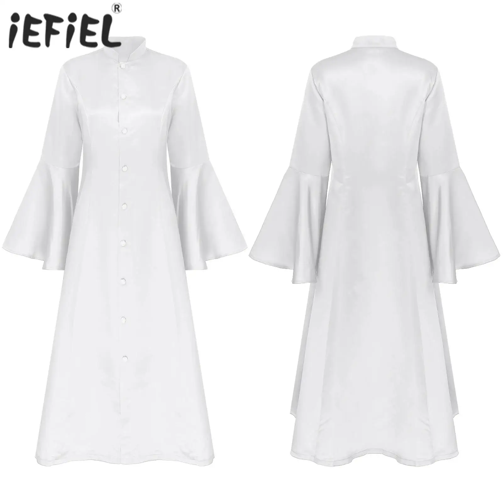 Womens Church Clergy Dress Flare Sleeve Praise Dance Robe Stand Collar Button Down Choir Dress Smooth Liturgical Choir Robes