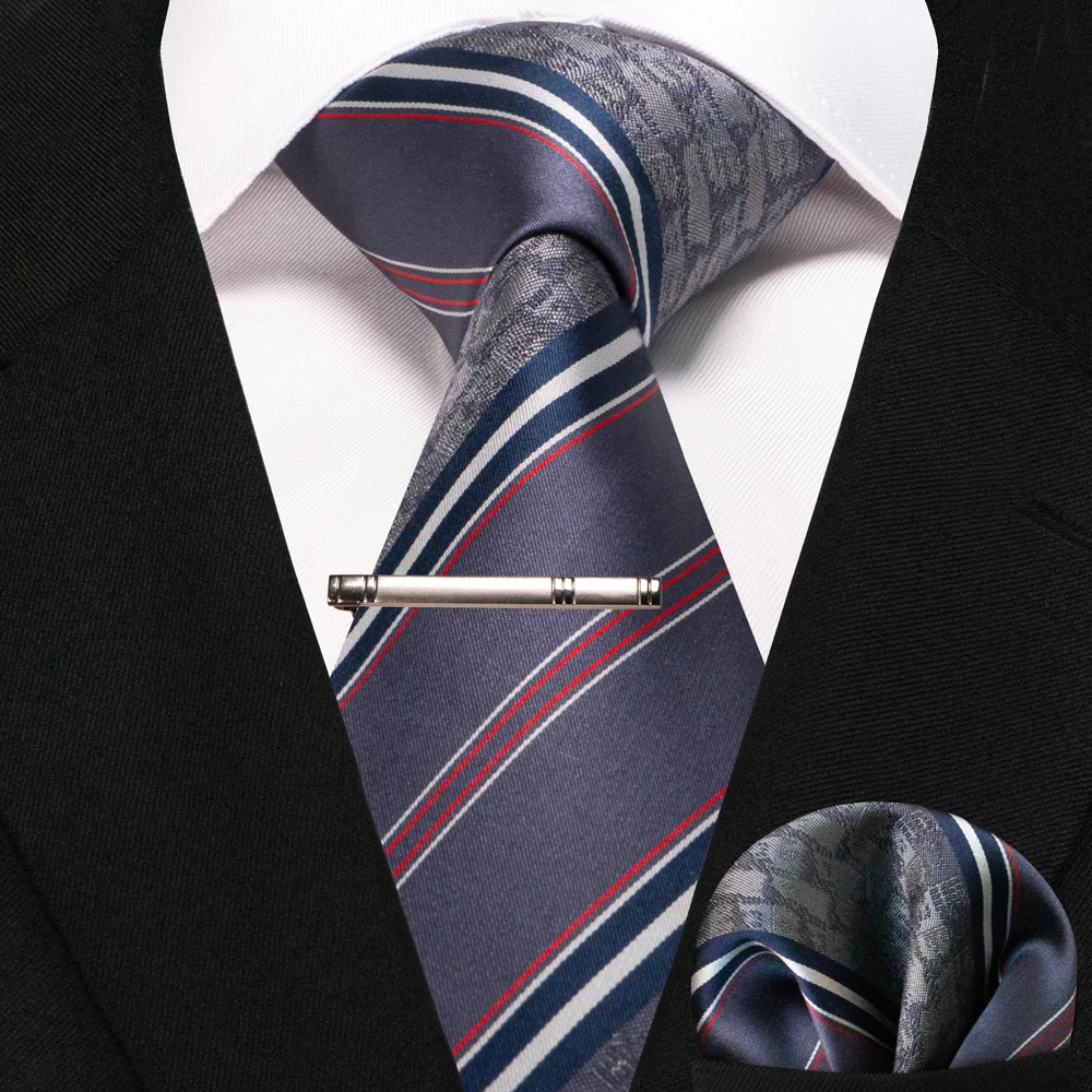 JEMYGINS Business-Krawatte für Herren, Seidenkrawatte in Marineblau, gestreifte Paisley-Krawatte, Einstecktuch, Krawattenklammern, Set für Hochzeit, Party, Geschenk – Detail 6