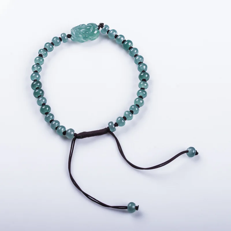 High-end natural A-grade ice blue Pixiu bracelet, hand-woven string, wealth-promoting jadeite, women's model