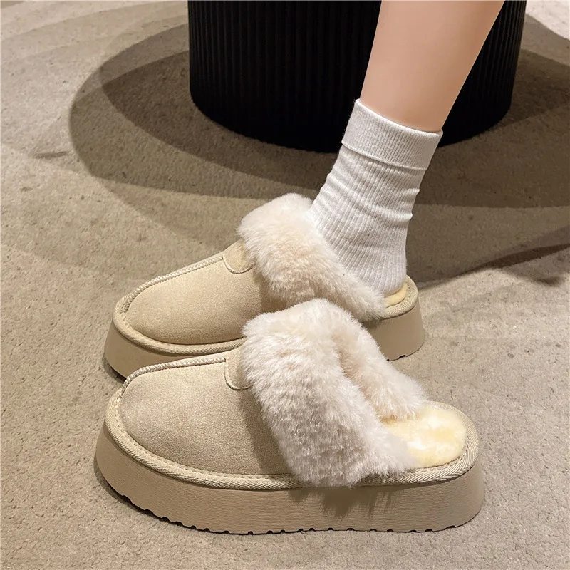 Scarpe con punta coperta Scarpe invernali da donna Pantofole con plateau Scivoli Infradito in pelliccia bassa Tacchi con zoccoli in peluche Stivali da neve Roma Tessuto PU Shearling