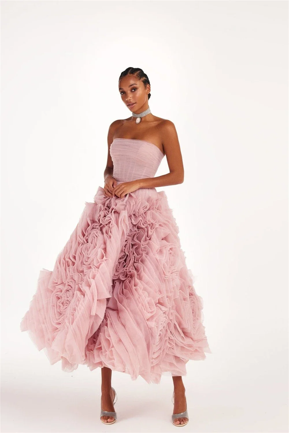 Vestido de fiesta de gasa sin tirantes para mujer, vestido de baile de quinceañera, flores plegables, ocasión de noche, moda